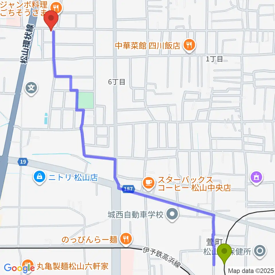 萱町六丁目駅からサウンドガーデンミュージックスクール松山本校へのルートマップ地図