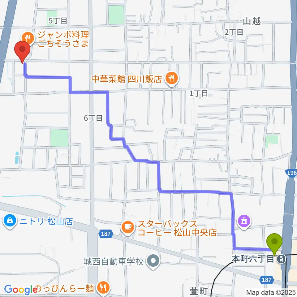 本町六丁目駅からサウンドガーデンミュージックスクール松山本校へのルートマップ地図