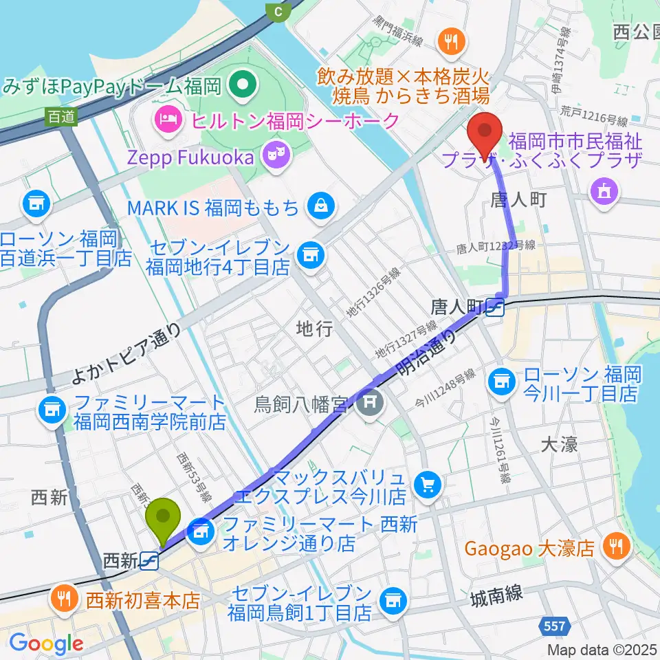 西新駅からエレガンテピアノ教室へのルートマップ地図