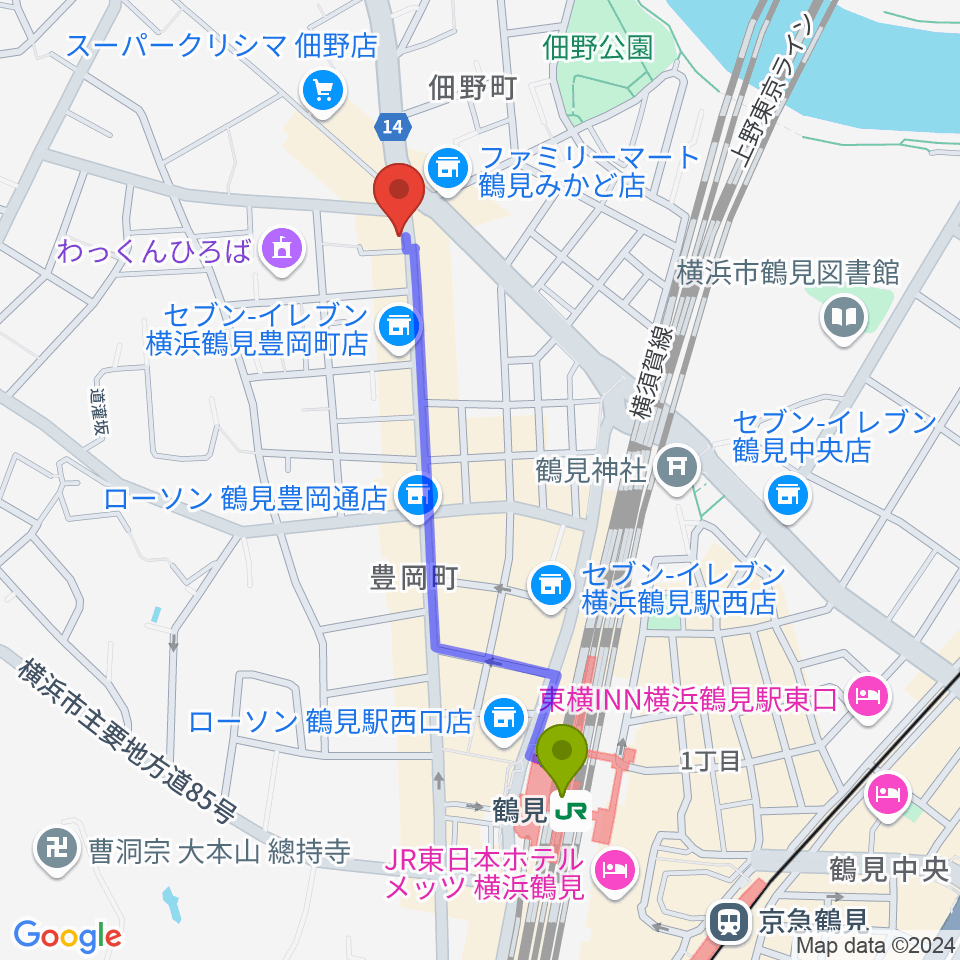 フェリーチェピアノ教室の最寄駅鶴見駅からの徒歩ルート（約9分）地図