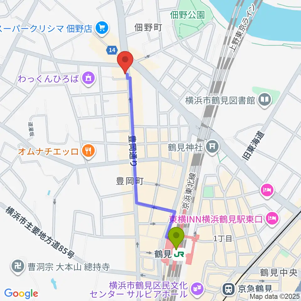 フェリーチェピアノ教室の最寄駅鶴見駅からの徒歩ルート（約9分）地図
