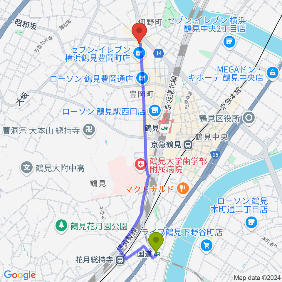 国道駅からフェリーチェピアノ教室へのルートマップ地図