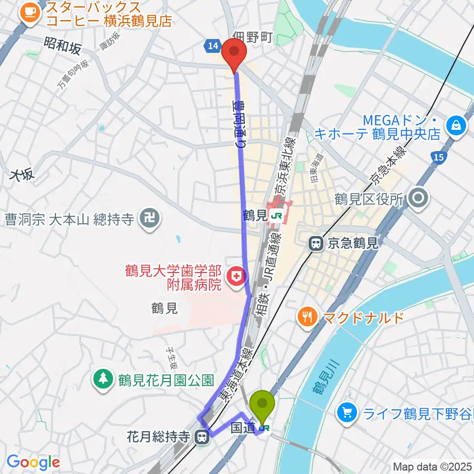 国道駅からフェリーチェピアノ教室へのルートマップ地図