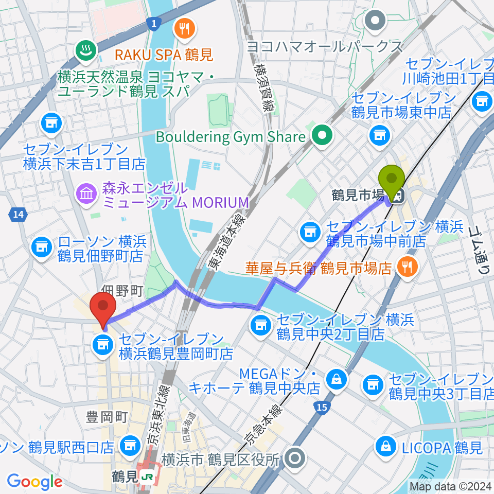 鶴見市場駅からフェリーチェピアノ教室へのルートマップ地図