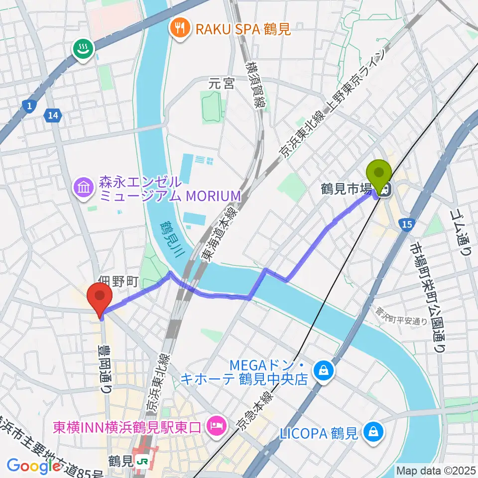 鶴見市場駅からフェリーチェピアノ教室へのルートマップ地図