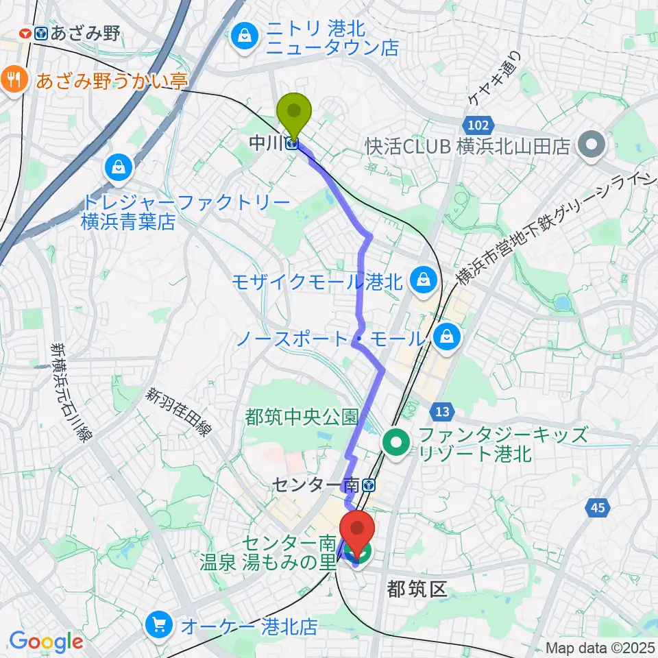 中川駅から平山音楽院 センター南教室へのルートマップ地図