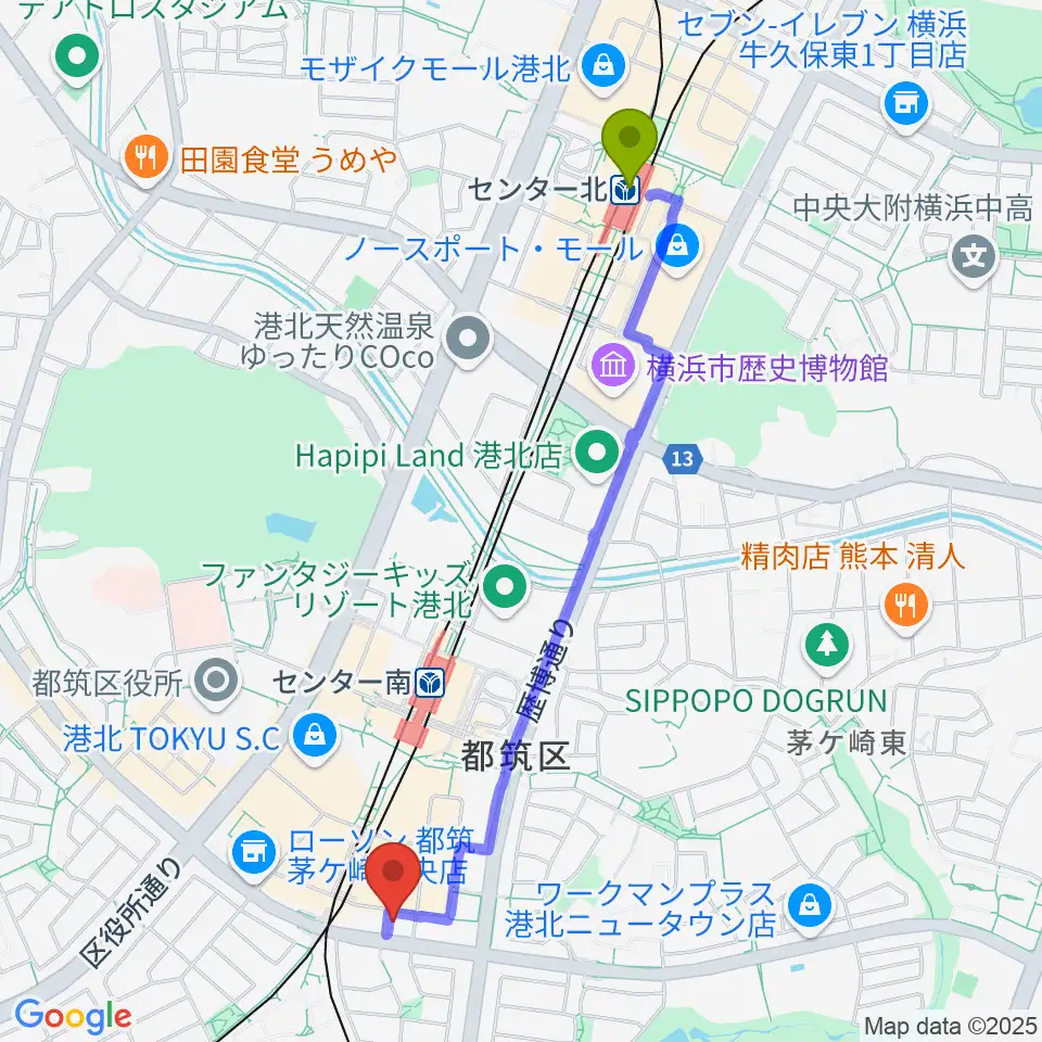 センター北駅から平山音楽院 センター南教室へのルートマップ地図
