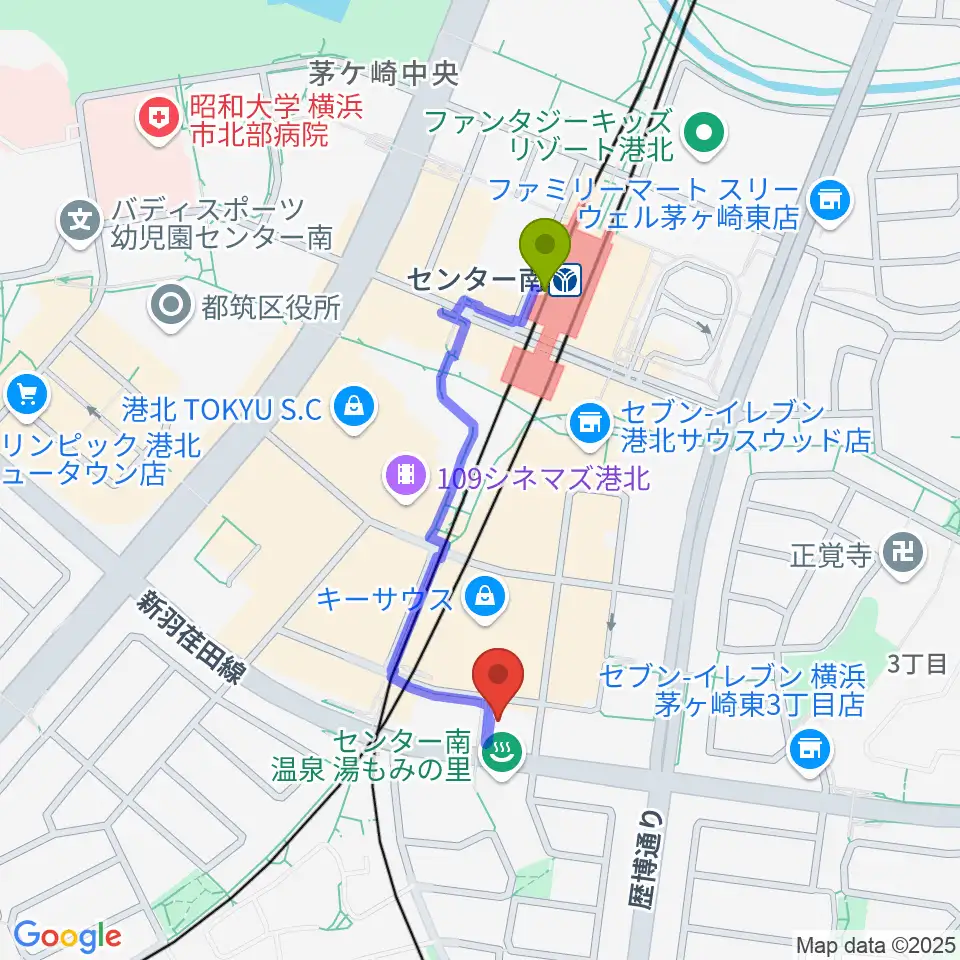 平山音楽院 センター南教室の最寄駅センター南駅からの徒歩ルート（約7分）地図