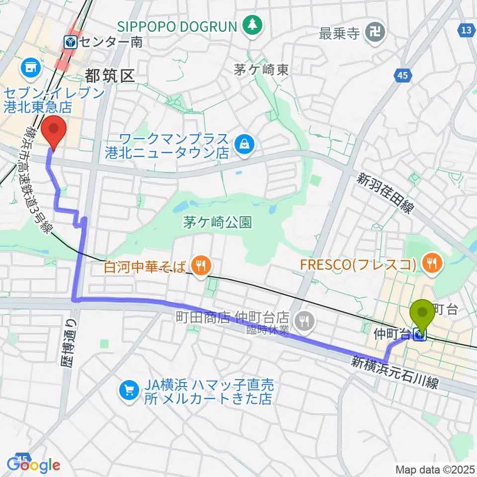 仲町台駅から平山音楽院 センター南教室へのルートマップ地図