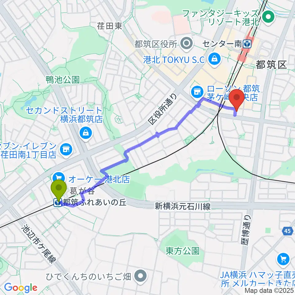 都筑ふれあいの丘駅から平山音楽院 センター南教室へのルートマップ地図