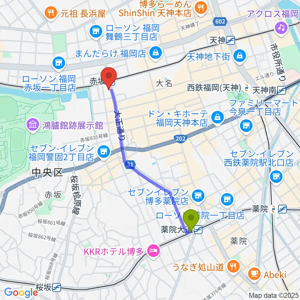 薬院大通駅からピアノのへや AKASAKA & HAKATA へのルートマップ地図