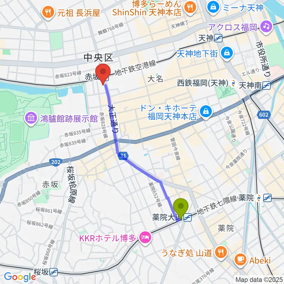 薬院大通駅からピアノのへや AKASAKA & HAKATA へのルートマップ地図