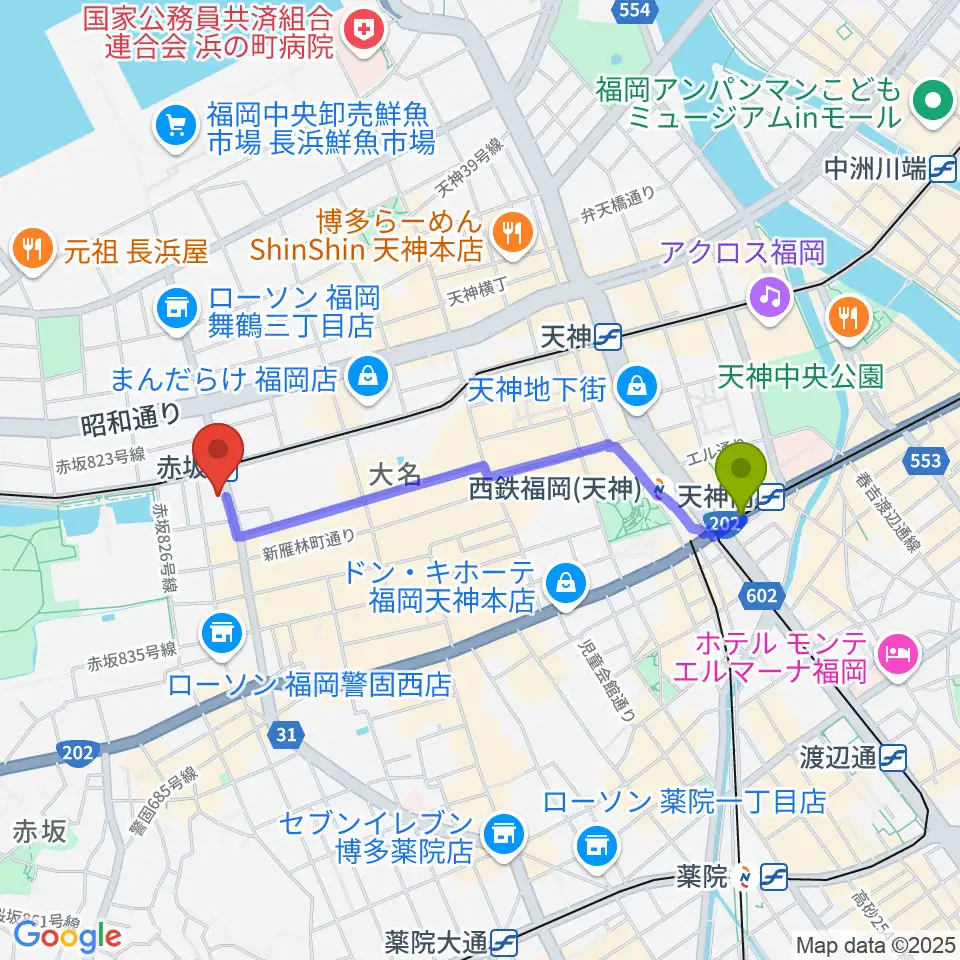 天神南駅からピアノのへや AKASAKA & HAKATA へのルートマップ地図