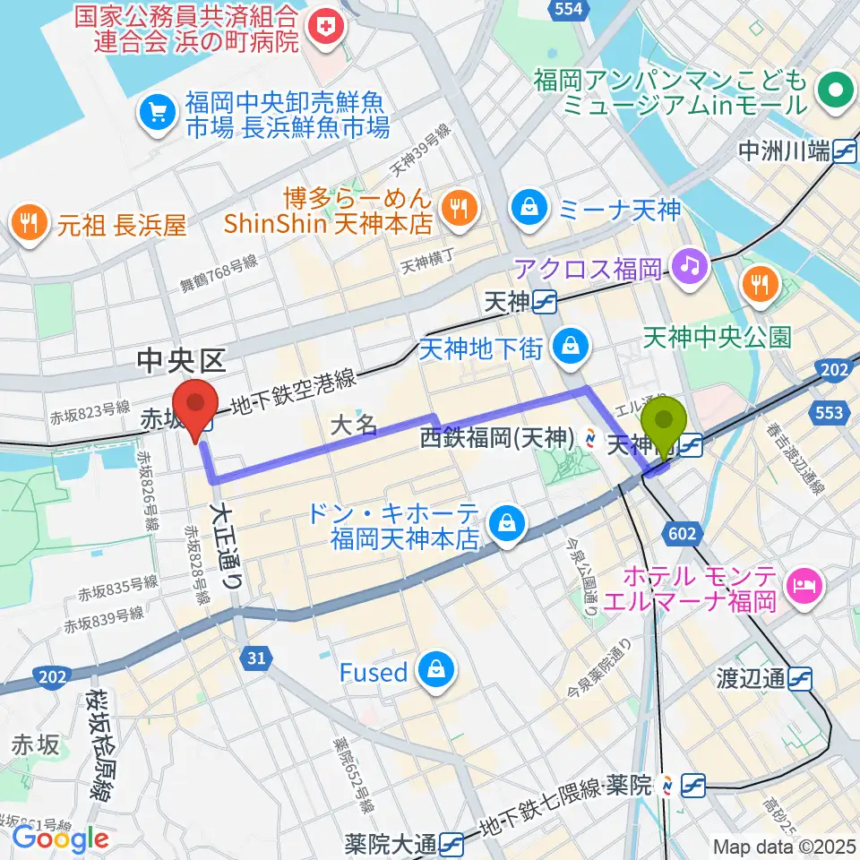 天神南駅からピアノのへや AKASAKA & HAKATA へのルートマップ地図