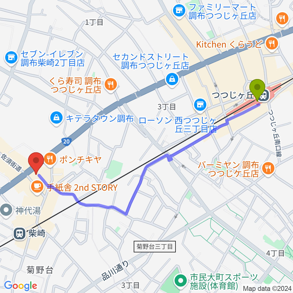 つつじヶ丘駅からJ.K.キューブ101スタジオエチュードへのルートマップ地図