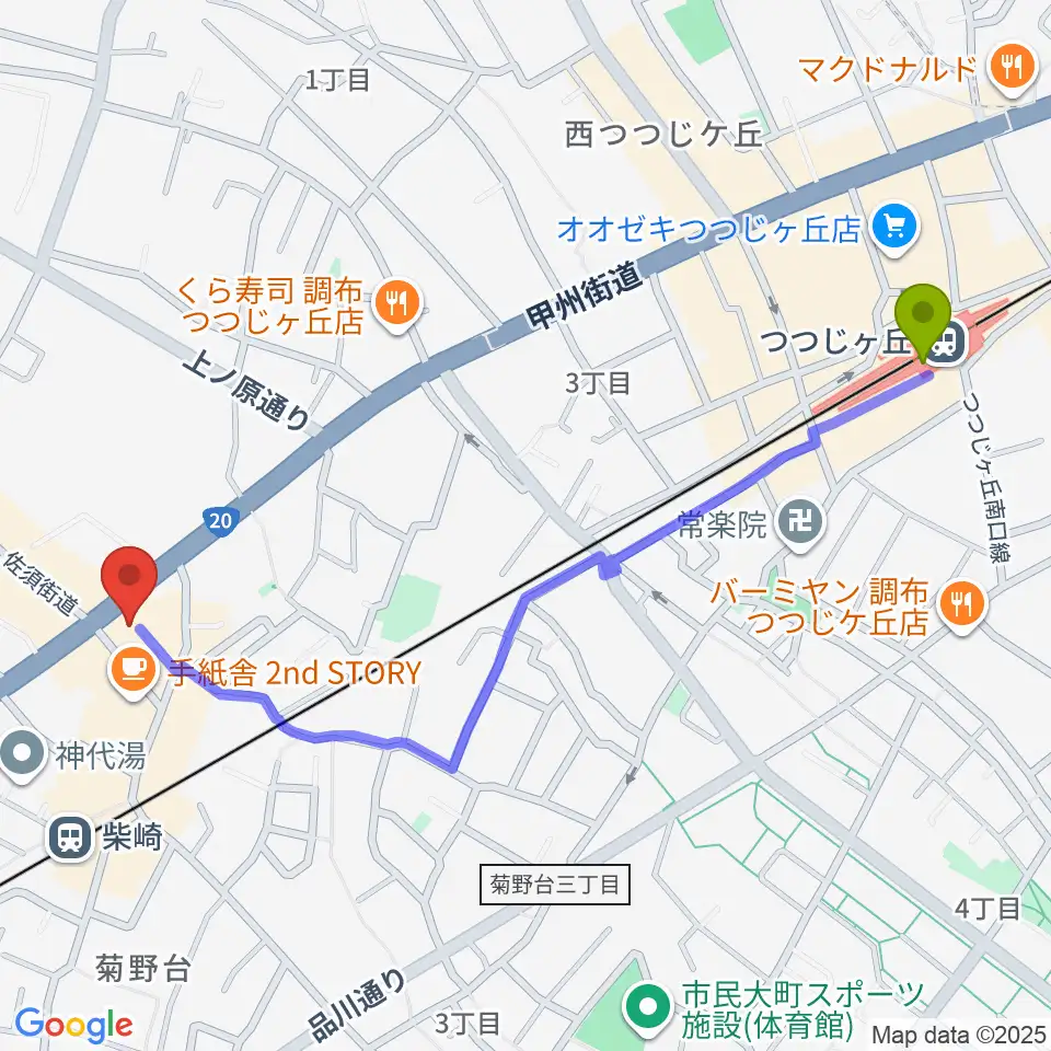 つつじヶ丘駅からJ.K.キューブ101スタジオエチュードへのルートマップ地図