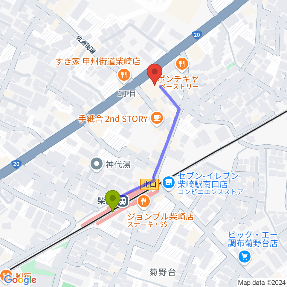 J.K.キューブ101スタジオエチュードの最寄駅柴崎駅からの徒歩ルート（約4分）地図