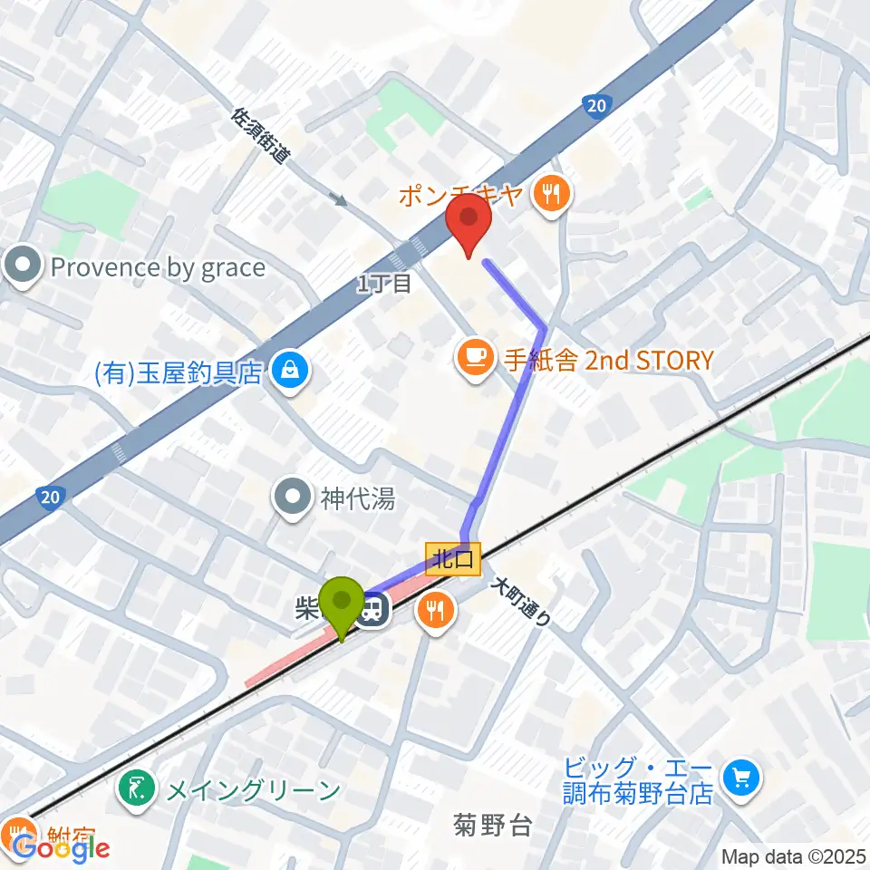 J.K.キューブ101スタジオエチュードの最寄駅柴崎駅からの徒歩ルート（約4分）地図