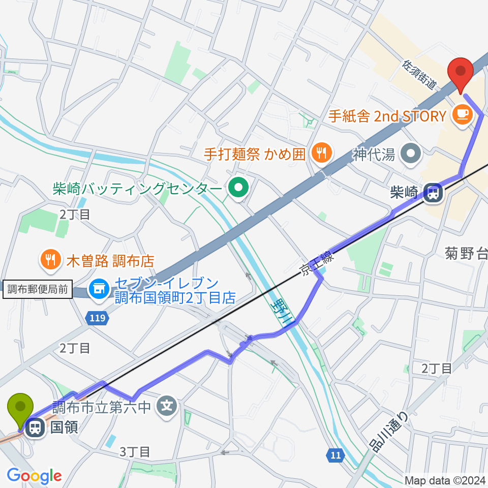 国領駅からJ.K.キューブ101スタジオエチュードへのルートマップ地図