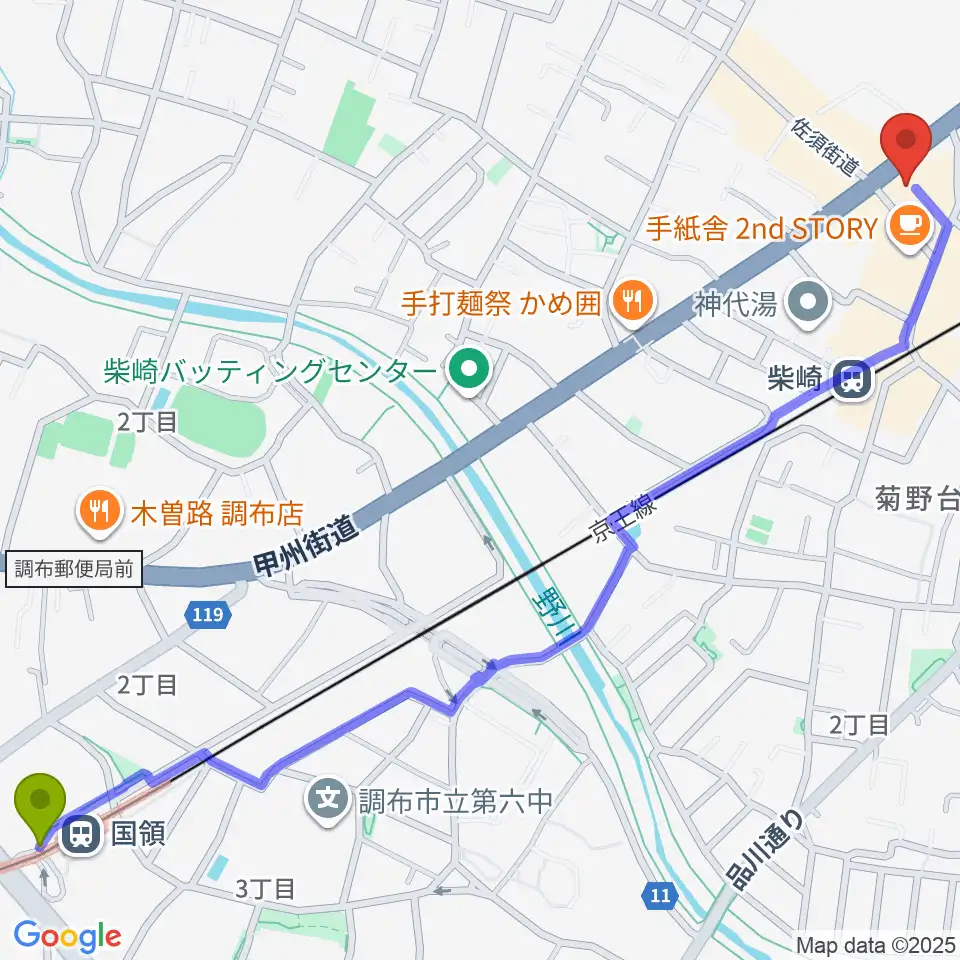 国領駅からJ.K.キューブ101スタジオエチュードへのルートマップ地図