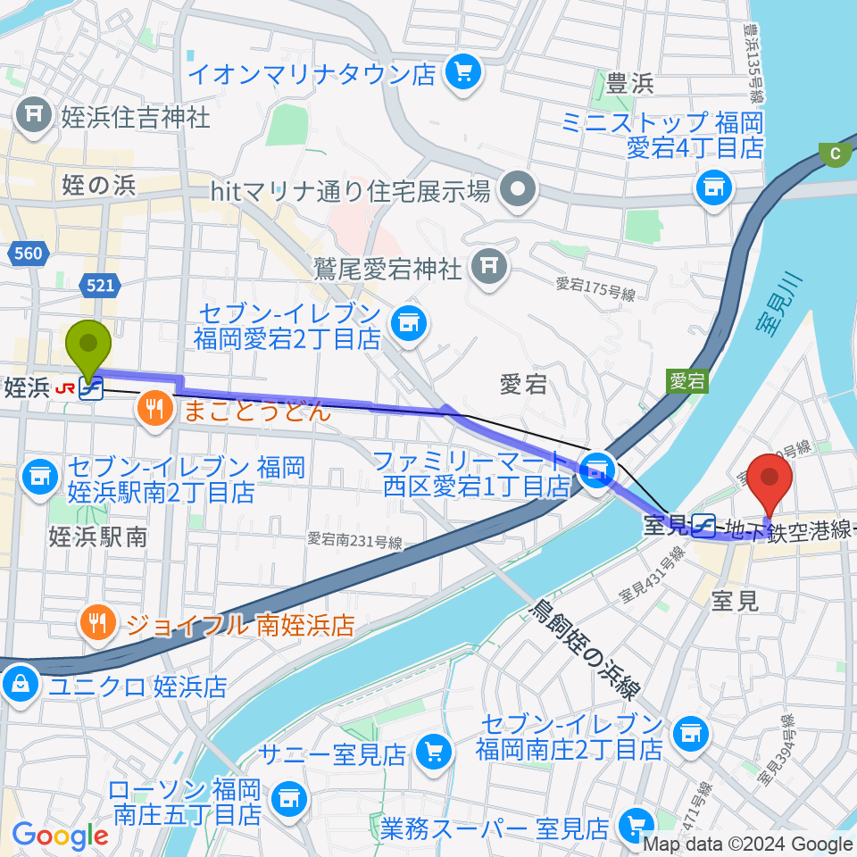 姪浜駅から和光音楽アカデミーへのルートマップ地図