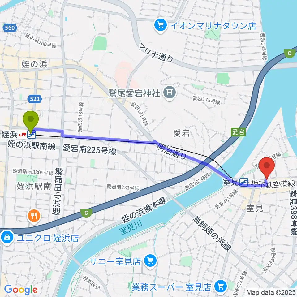 姪浜駅から和光音楽アカデミーへのルートマップ地図