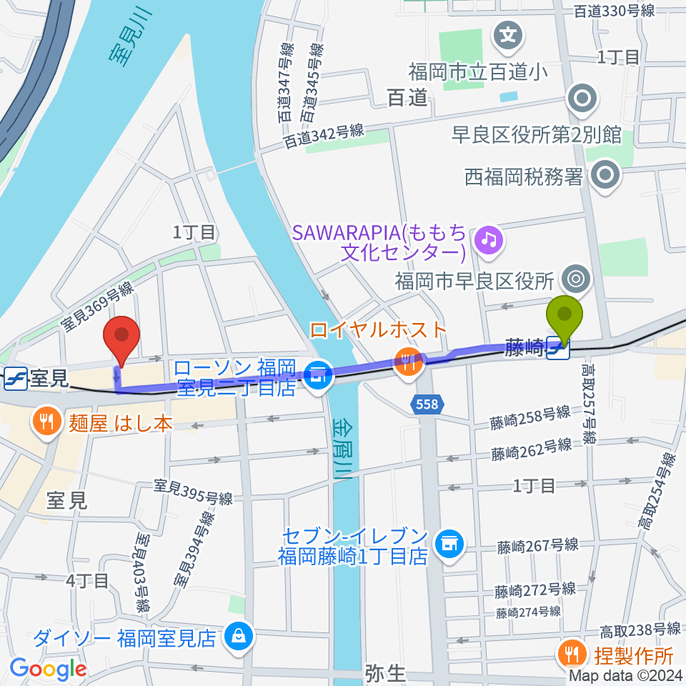 藤崎駅から和光音楽アカデミーへのルートマップ地図