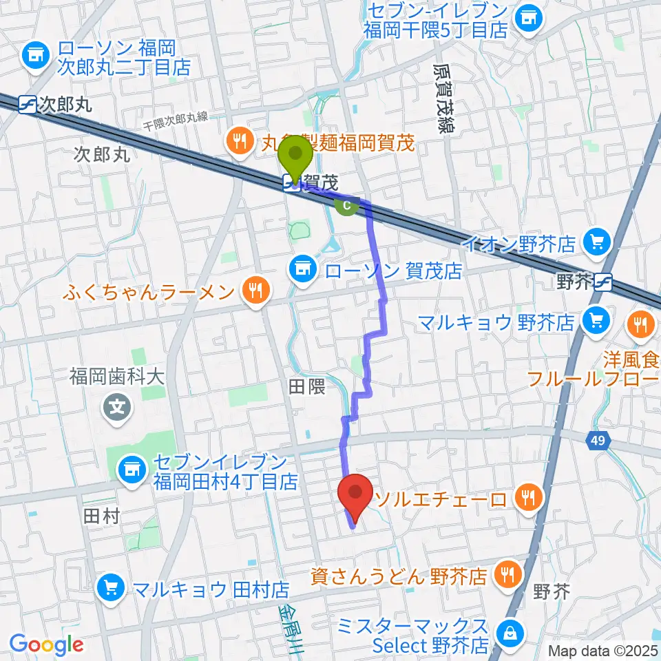 賀茂駅からみのりピアノ教室へのルートマップ地図