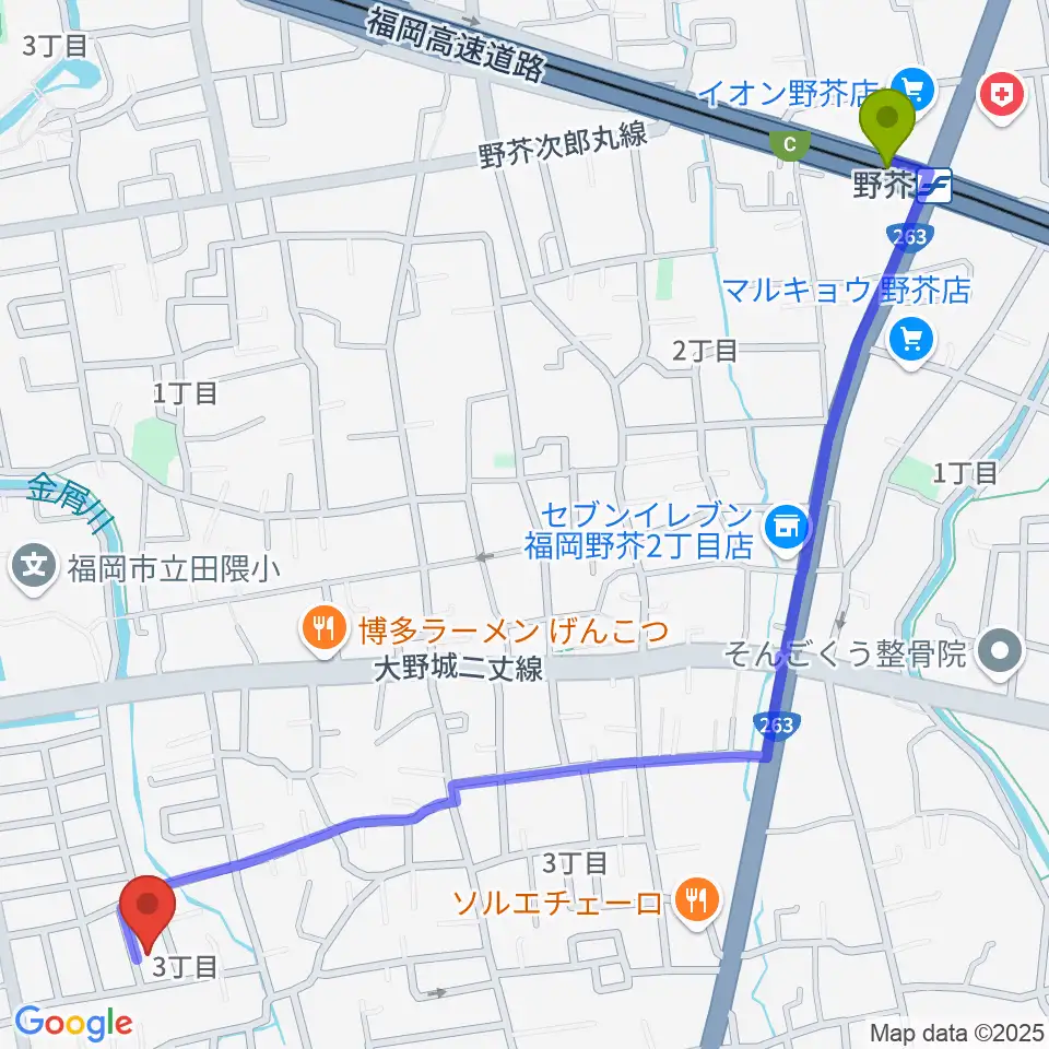 みのりピアノ教室の最寄駅野芥駅からの徒歩ルート（約16分）地図