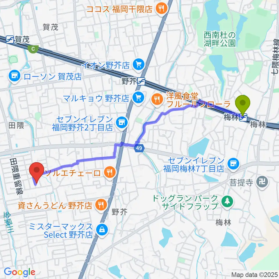 梅林駅からみのりピアノ教室へのルートマップ地図