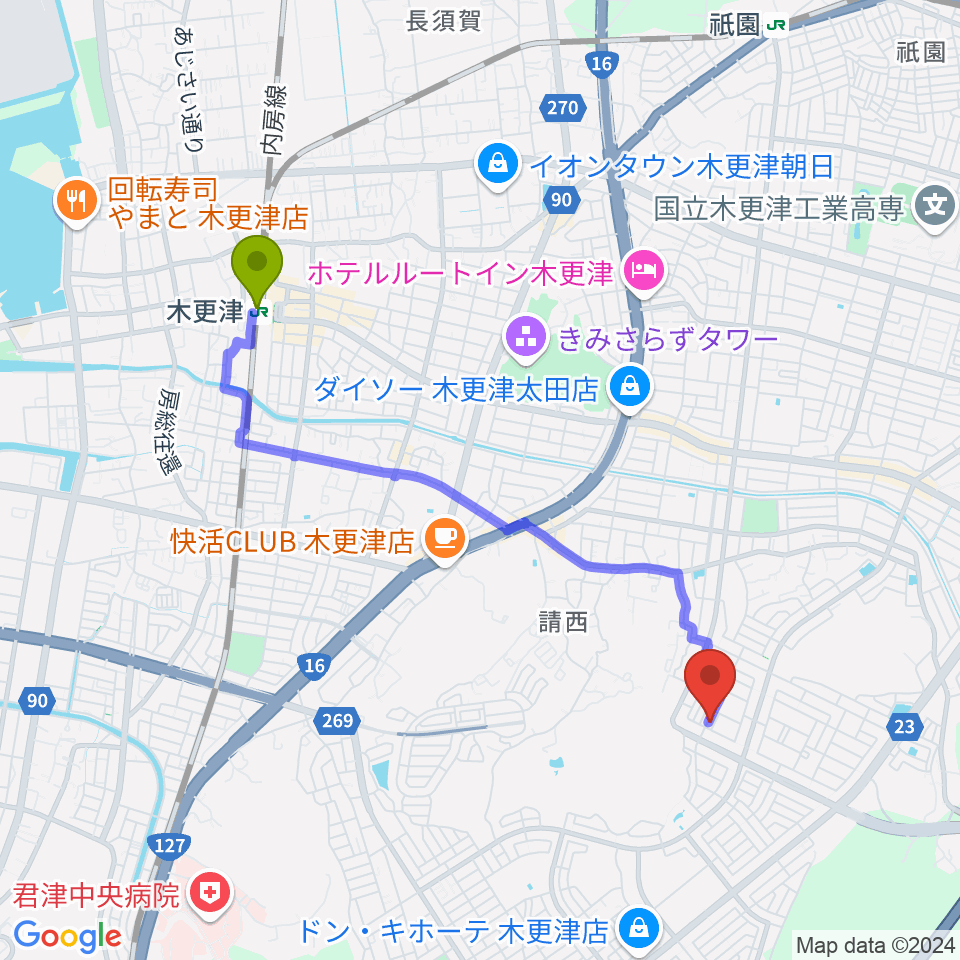 HIM木更津の最寄駅木更津駅からの徒歩ルート（約40分）地図