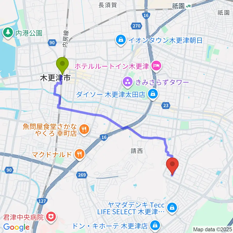 HIM木更津の最寄駅木更津駅からの徒歩ルート（約40分）地図