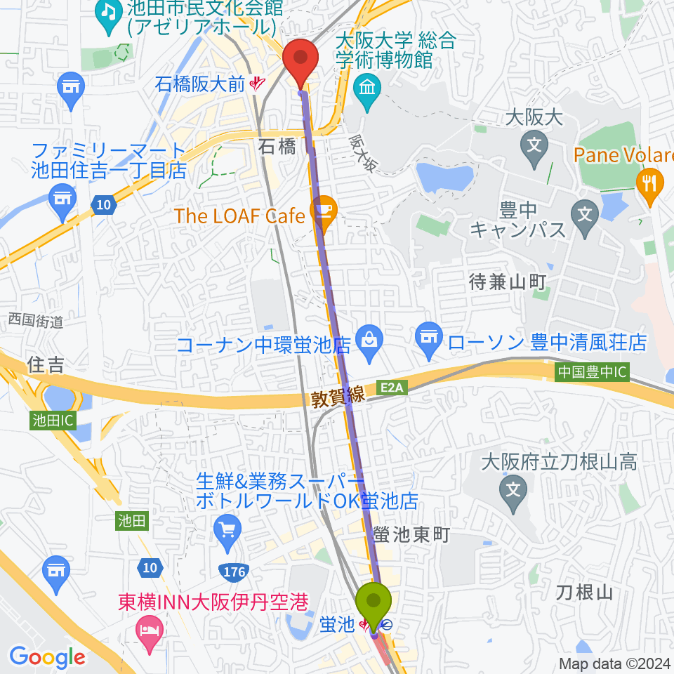 蛍池駅からスタジオR'sへのルートマップ地図
