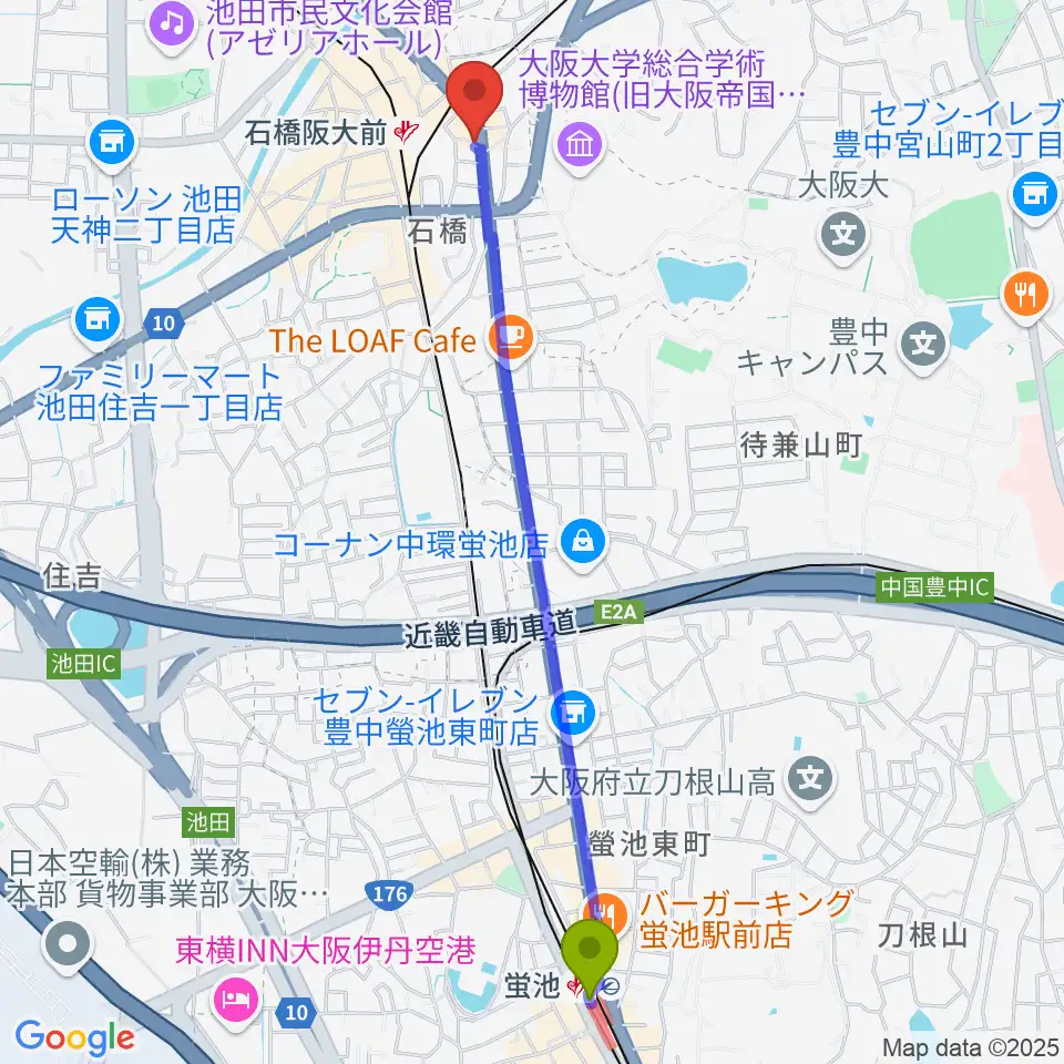 蛍池駅からスタジオR'sへのルートマップ地図