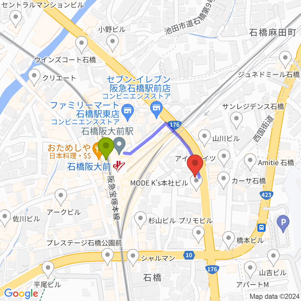 スタジオR'sの最寄駅石橋阪大前駅からの徒歩ルート（約2分）地図
