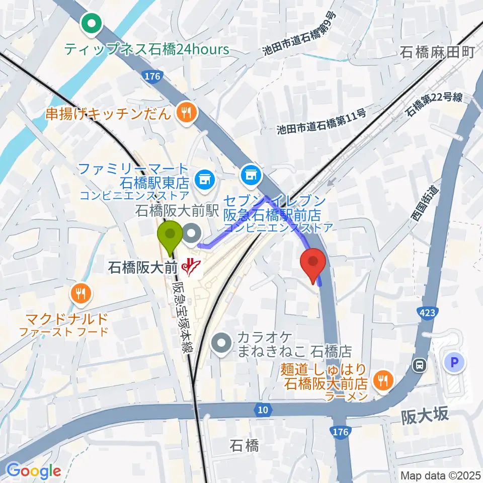 スタジオR'sの最寄駅石橋阪大前駅からの徒歩ルート（約2分）地図