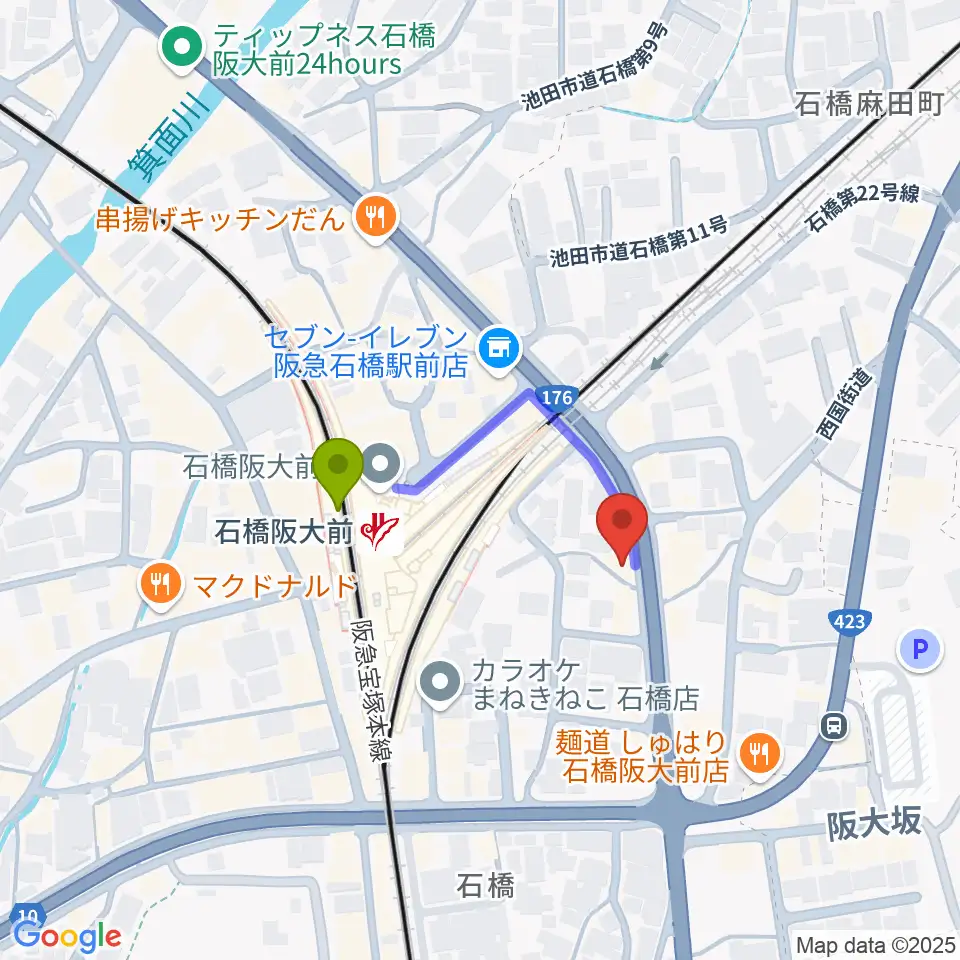 スタジオR'sの最寄駅石橋阪大前駅からの徒歩ルート（約2分）地図