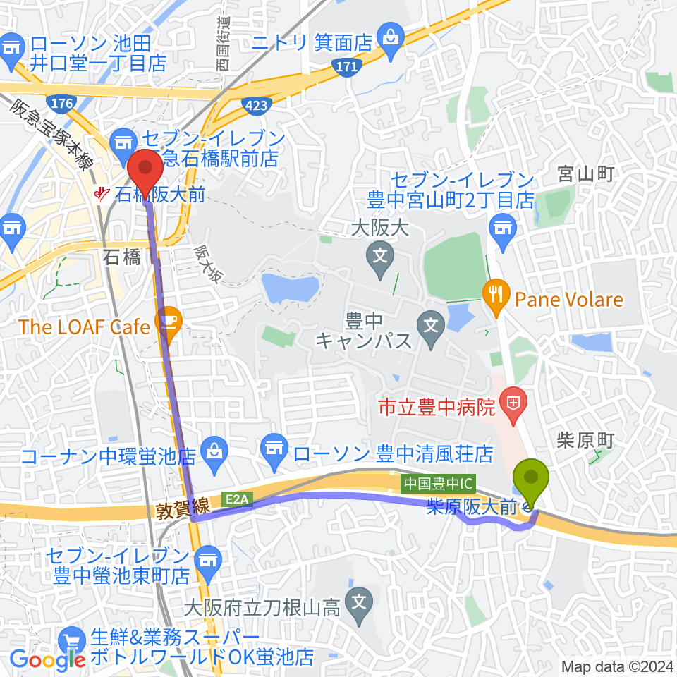 柴原阪大前駅からスタジオR'sへのルートマップ地図