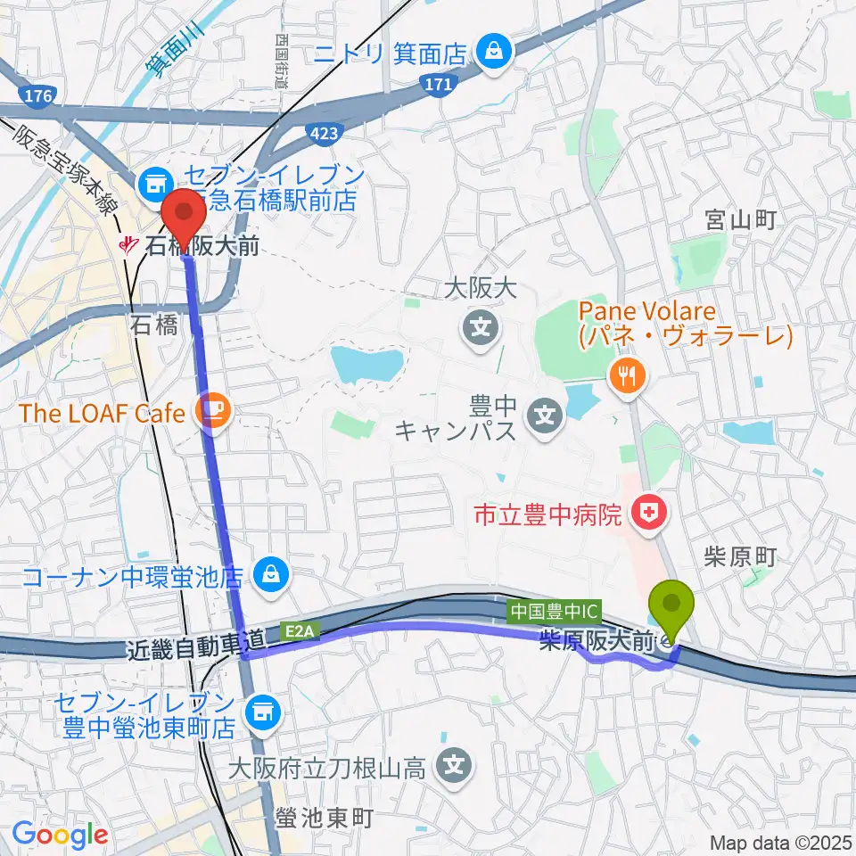 柴原阪大前駅からスタジオR'sへのルートマップ地図