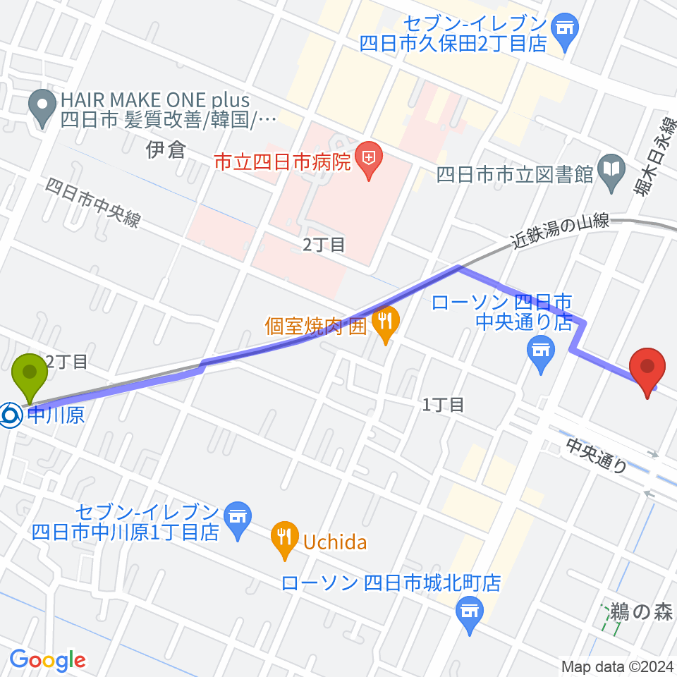 中川原駅から第一楽器ムーシケへのルートマップ地図