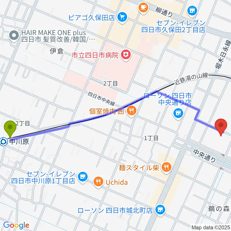 中川原駅から第一楽器ムーシケへのルートマップ地図