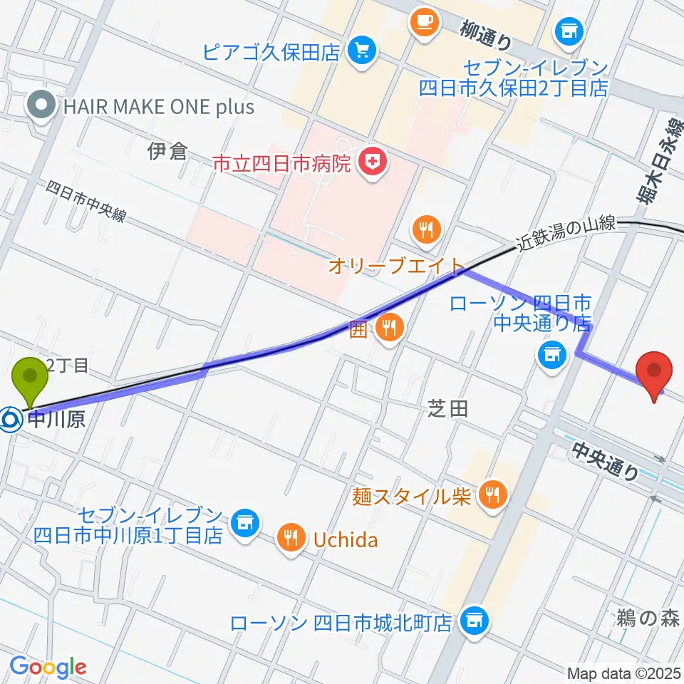 中川原駅から第一楽器ムーシケへのルートマップ地図