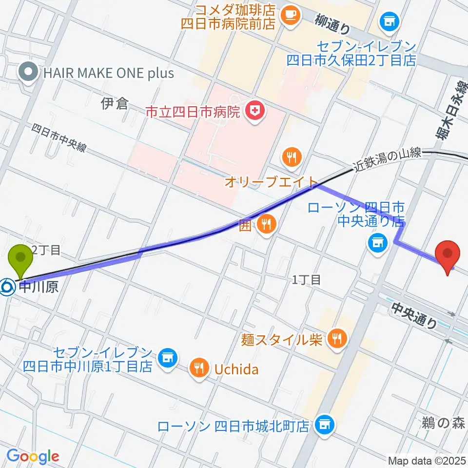 中川原駅から第一楽器ムーシケへのルートマップ地図