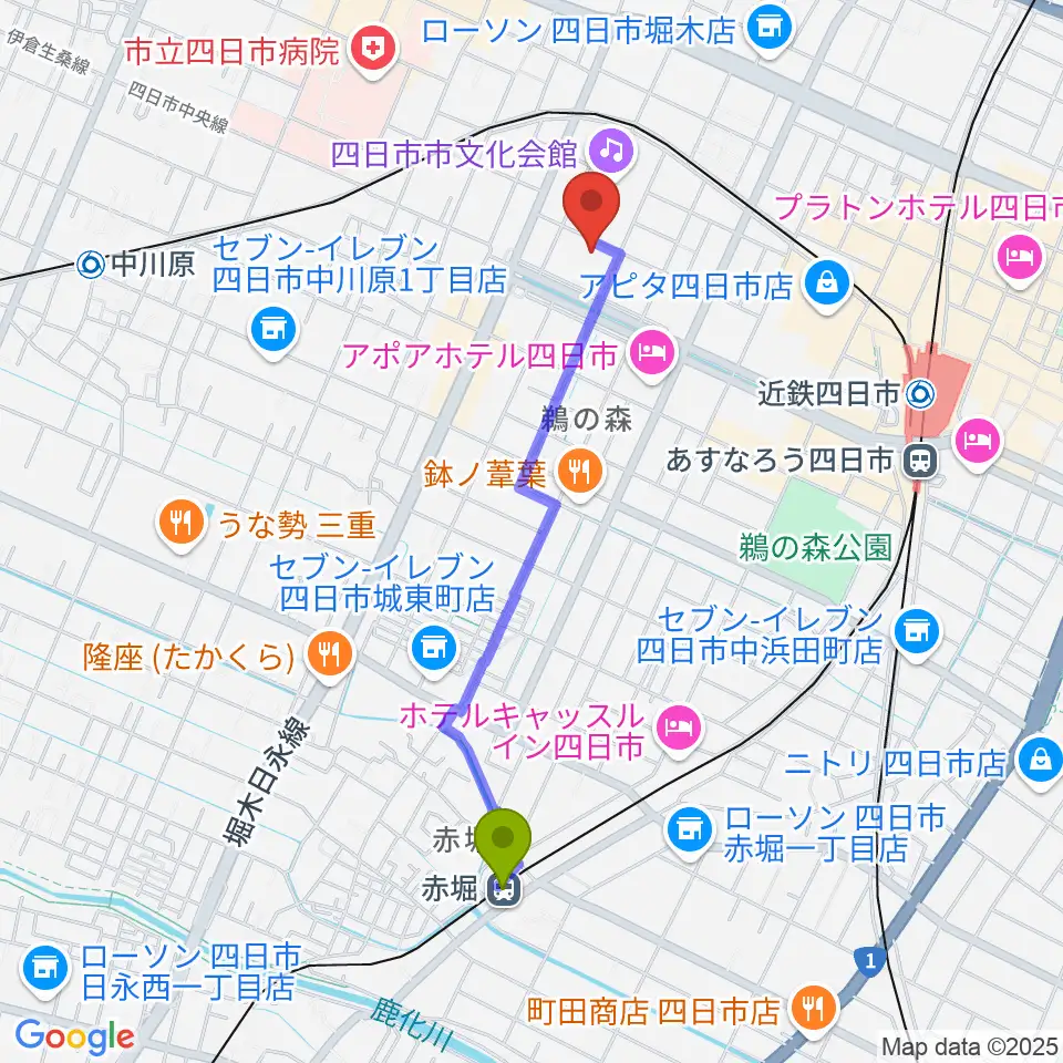 赤堀駅から第一楽器ムーシケへのルートマップ地図