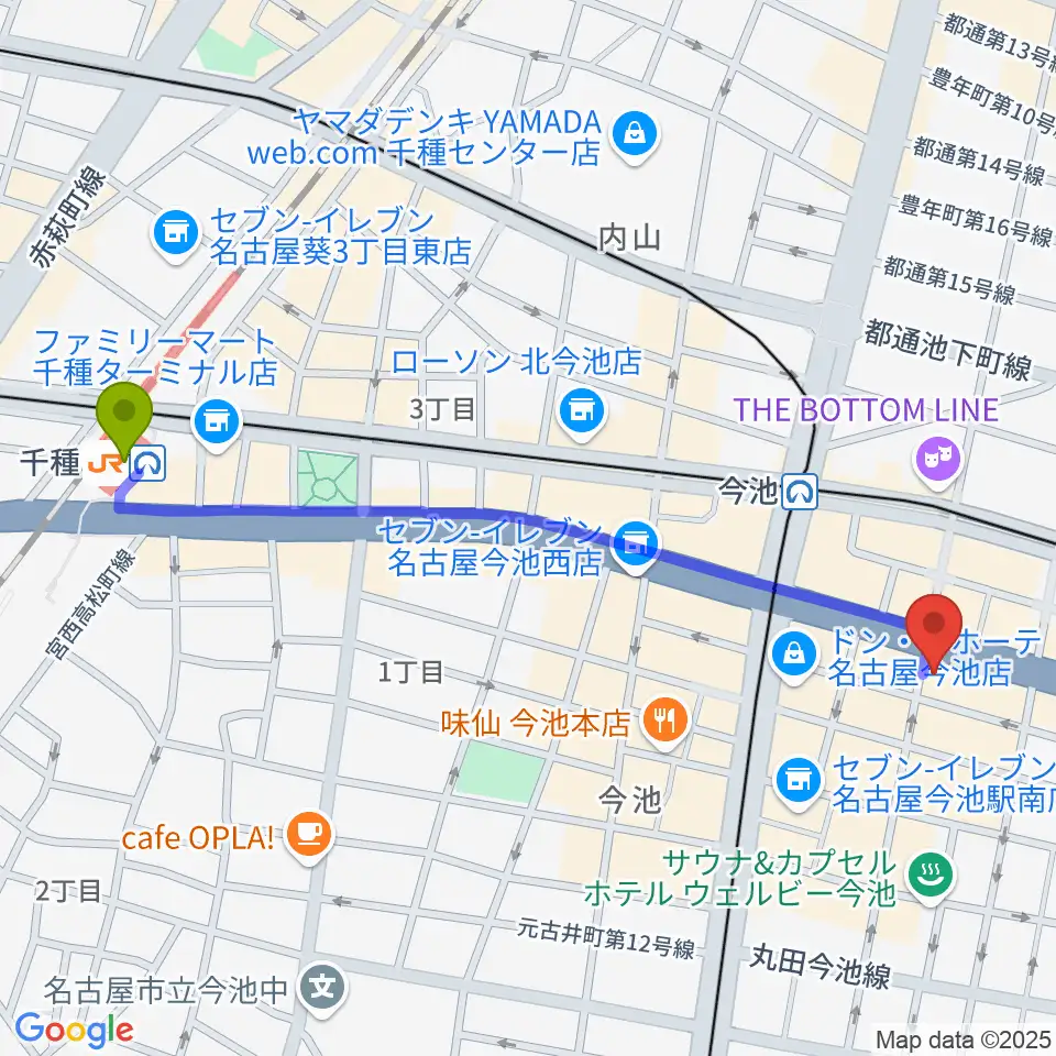 千種駅から今池3STARへのルートマップ地図