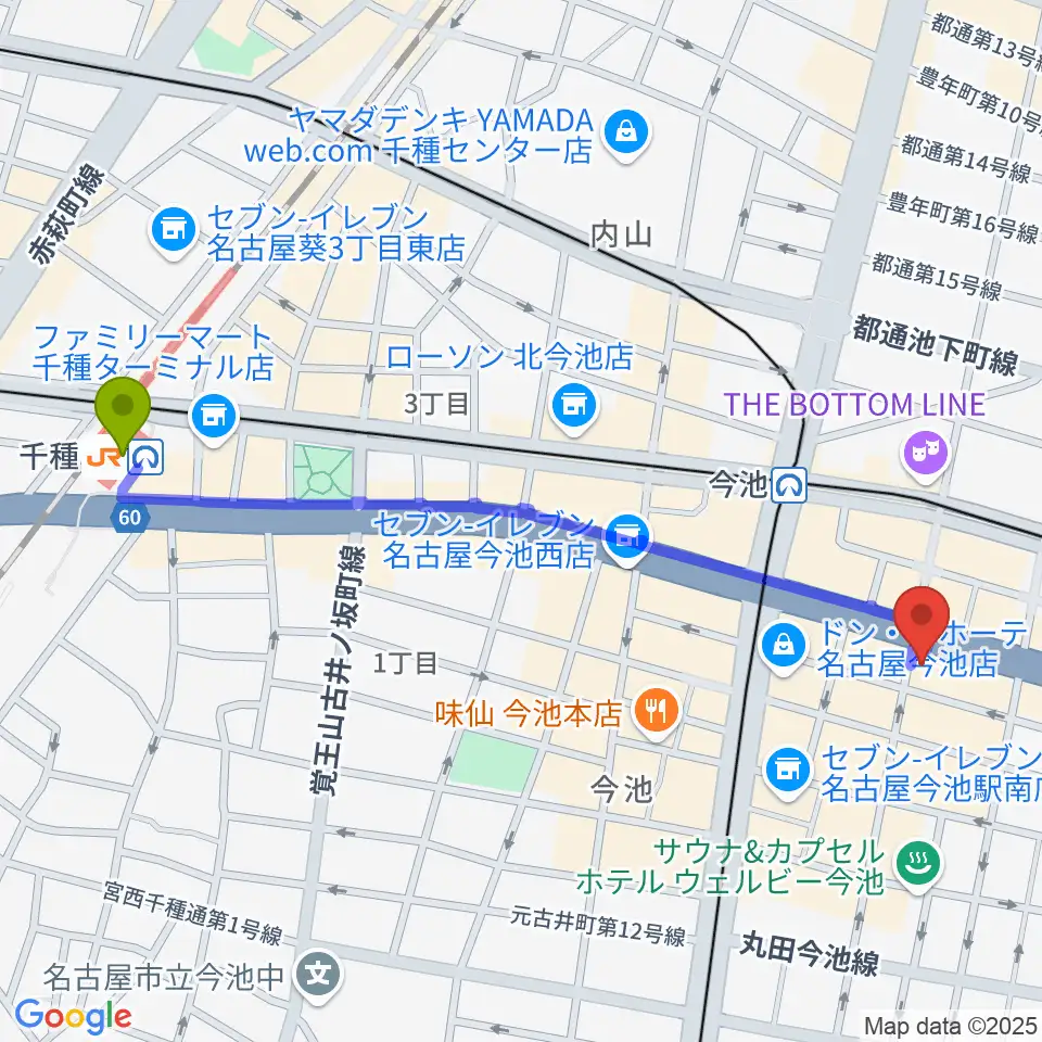 千種駅から今池3STARへのルートマップ地図