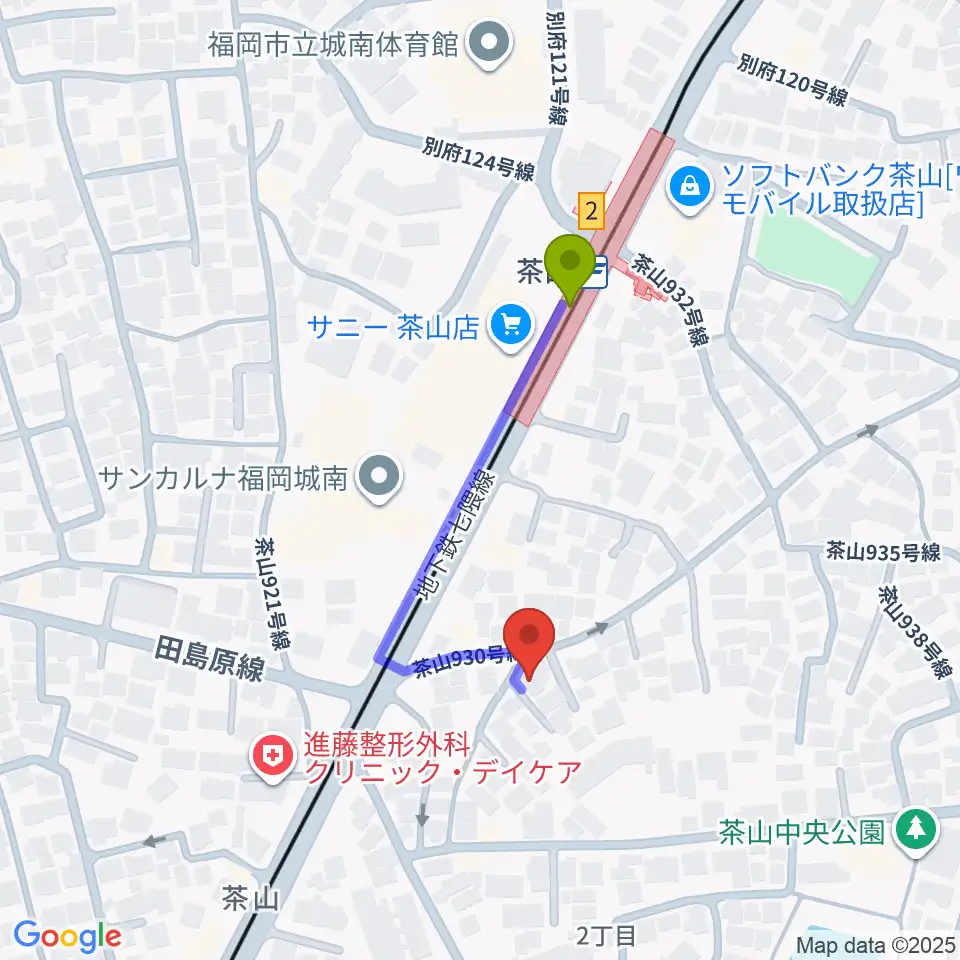 JTピアノ教室の最寄駅茶山駅からの徒歩ルート（約3分）地図