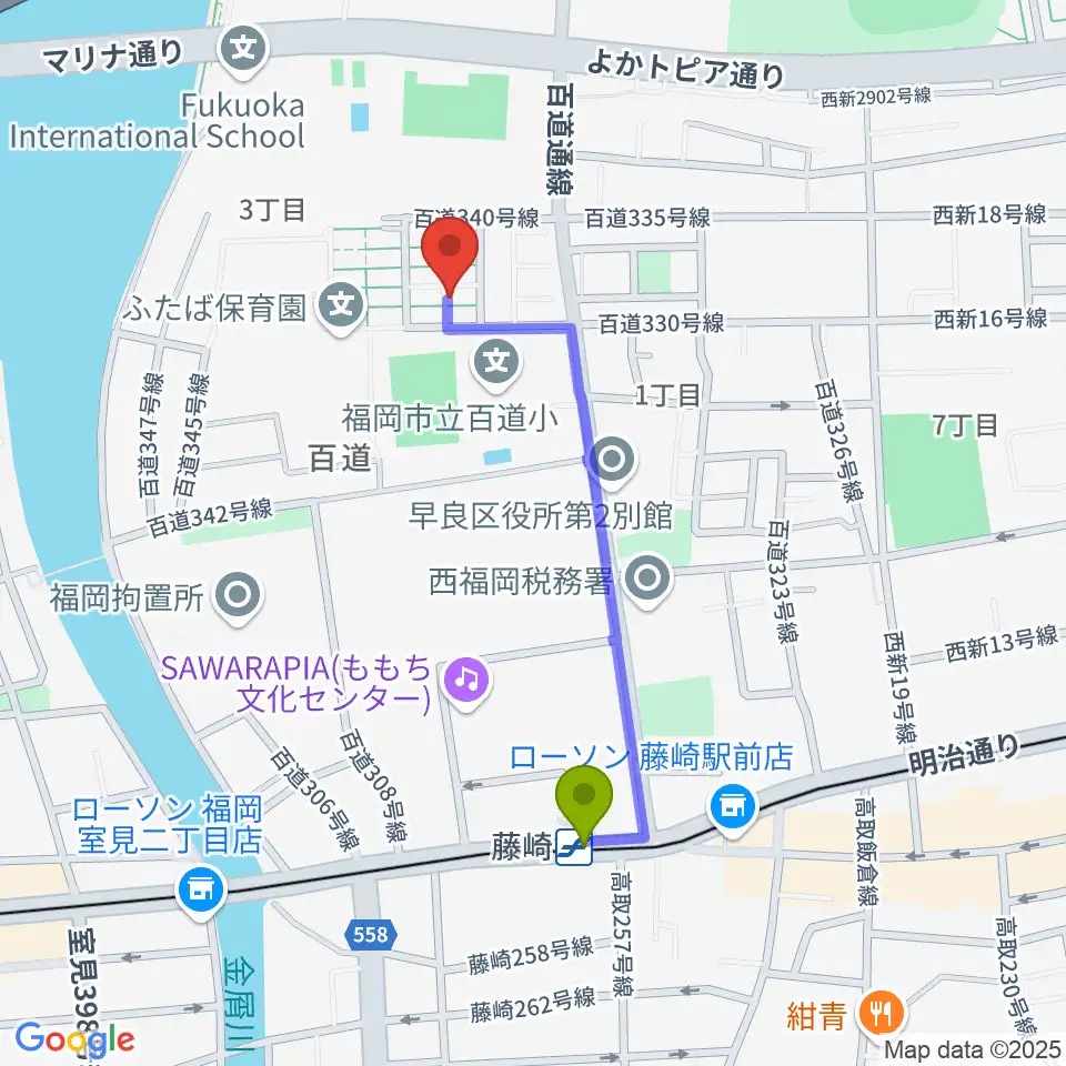 カルチャー教室てんとう虫の最寄駅藤崎駅からの徒歩ルート（約8分）地図