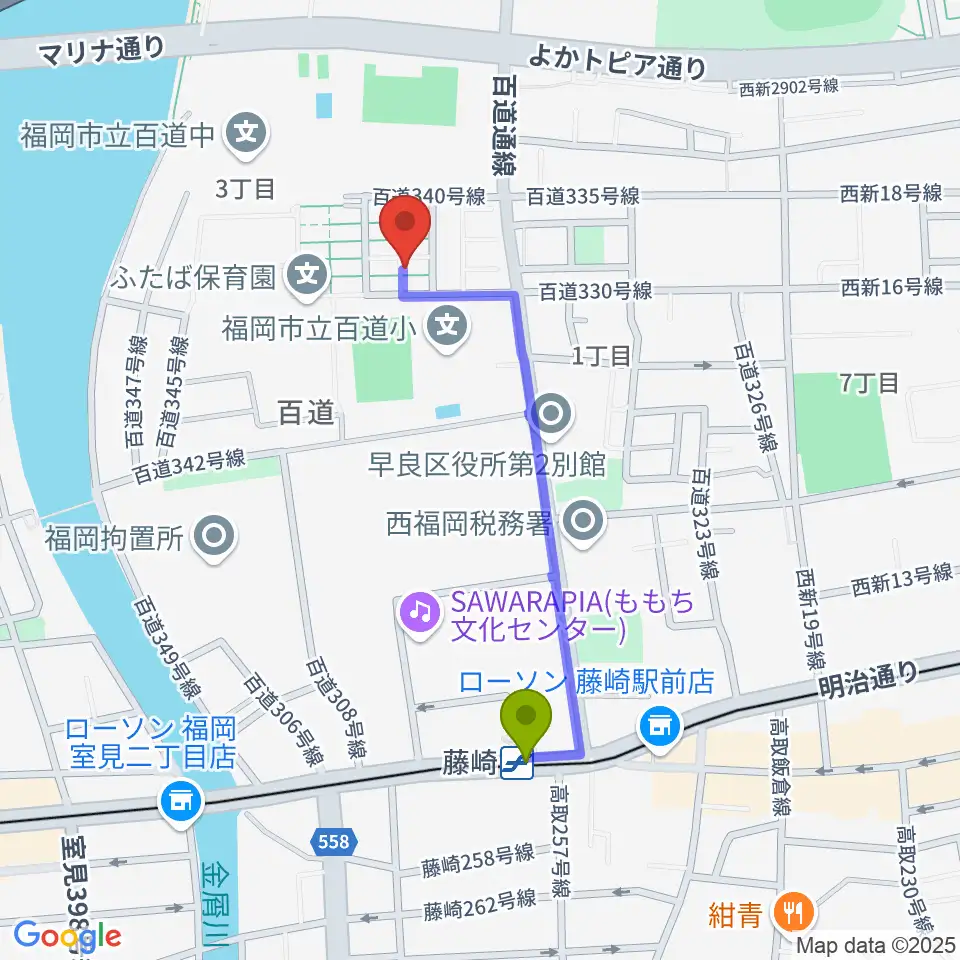 カルチャー教室てんとう虫の最寄駅藤崎駅からの徒歩ルート（約8分）地図