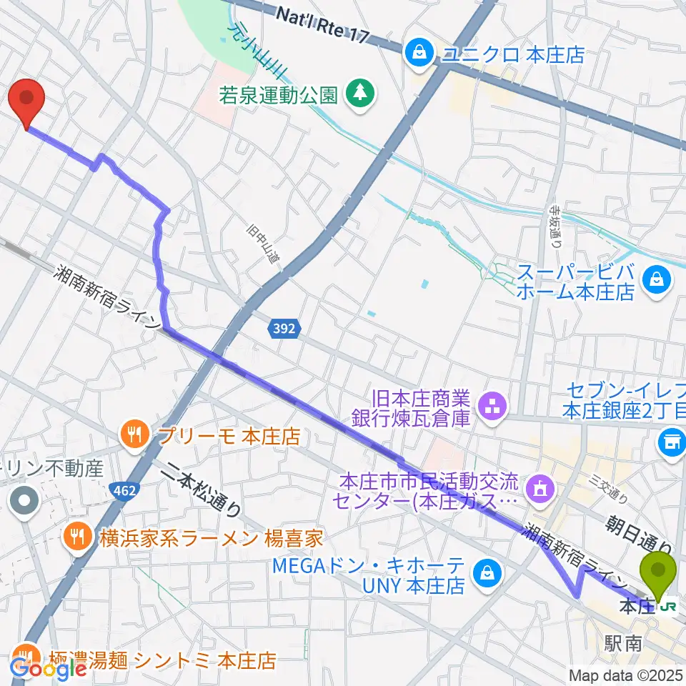 本庄駅から荒井經子音楽教室へのルートマップ地図